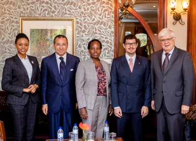 Chairman Kamel Ghribi; Bogolo Kenewendo, Former Minister of Investment, Botswana;  Unity Dow, Minister of International Affair and Cooperation, Botswana; Paolo Rotelli, President of University Vita-Salute San Raffaele, Italy; Stephen Hayes, President and CEO Corporate Council on Africa, Washington D.C.