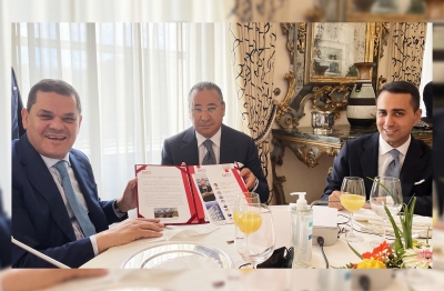 Chairman Kamel Ghribi; H.E. Abdul Hamid Mohammed, Prime Minister of Libya; Honourable Luigi Di Maio, Minister of Foreign Affairs and International Co-operation, Italy.