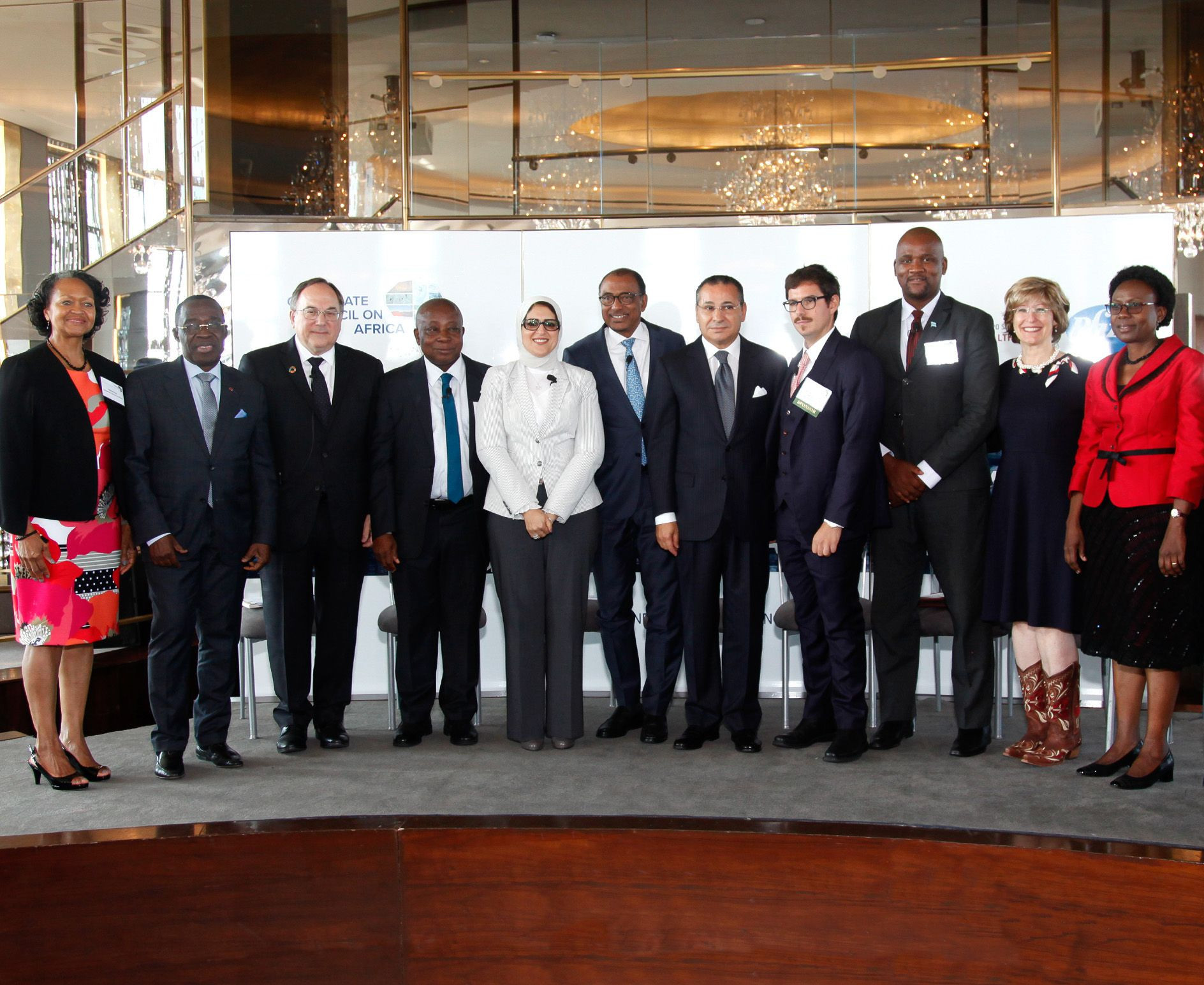 Chairman Kamel Ghribi; Florie Liser CEO, Corporate Council of Africa; Eugène AKA Aouélé, Minister of Health and Public Hygiene, Republic of Ivory Coast; Kwaku Agyemang-Manu, Minister of Health, Ghana; Hala Zayed, Minister of Health and Population, Egypt; Michel Sidibé, Minister of Health and Social Affairs, Republic of Mali; Paolo Rotelli, President of University Vita-Salute San Raffaele, Italy; Alfred Madigele, Minister of Health and Wellness, Botswana.